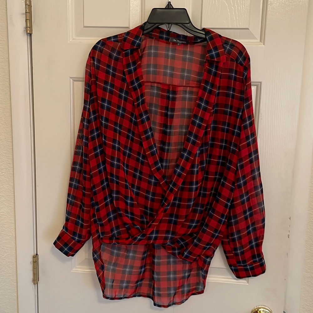 Sheer long sleeved plaid shirt